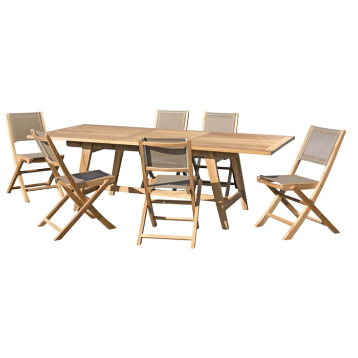 FUN - SALON DE JARDIN EN BOIS TECK 8/10 pers. - 1 Table extensible 180*240/100 cm et 6 chaises textilène taupe
