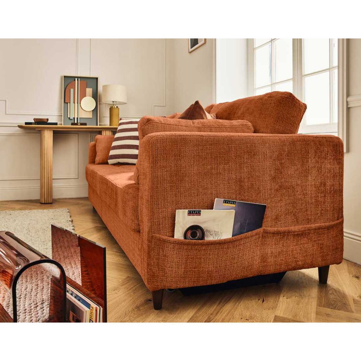 Anna - canapé droit 3 places convertible avec poche en velours texturé - Rouille