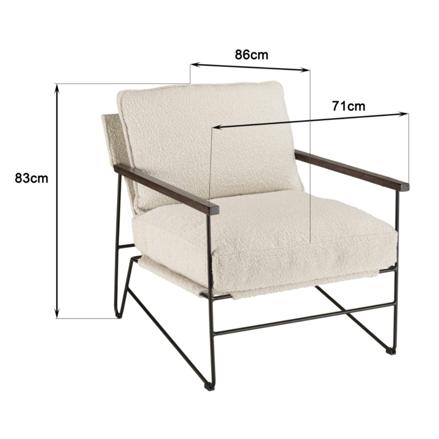 GASTON - Fauteuil tissu écru 1 coussin structure métallique noire, accoudoirs en bois