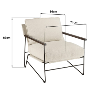 GASTON - Fauteuil tissu écru 1 coussin structure métallique noire, accoudoirs en bois