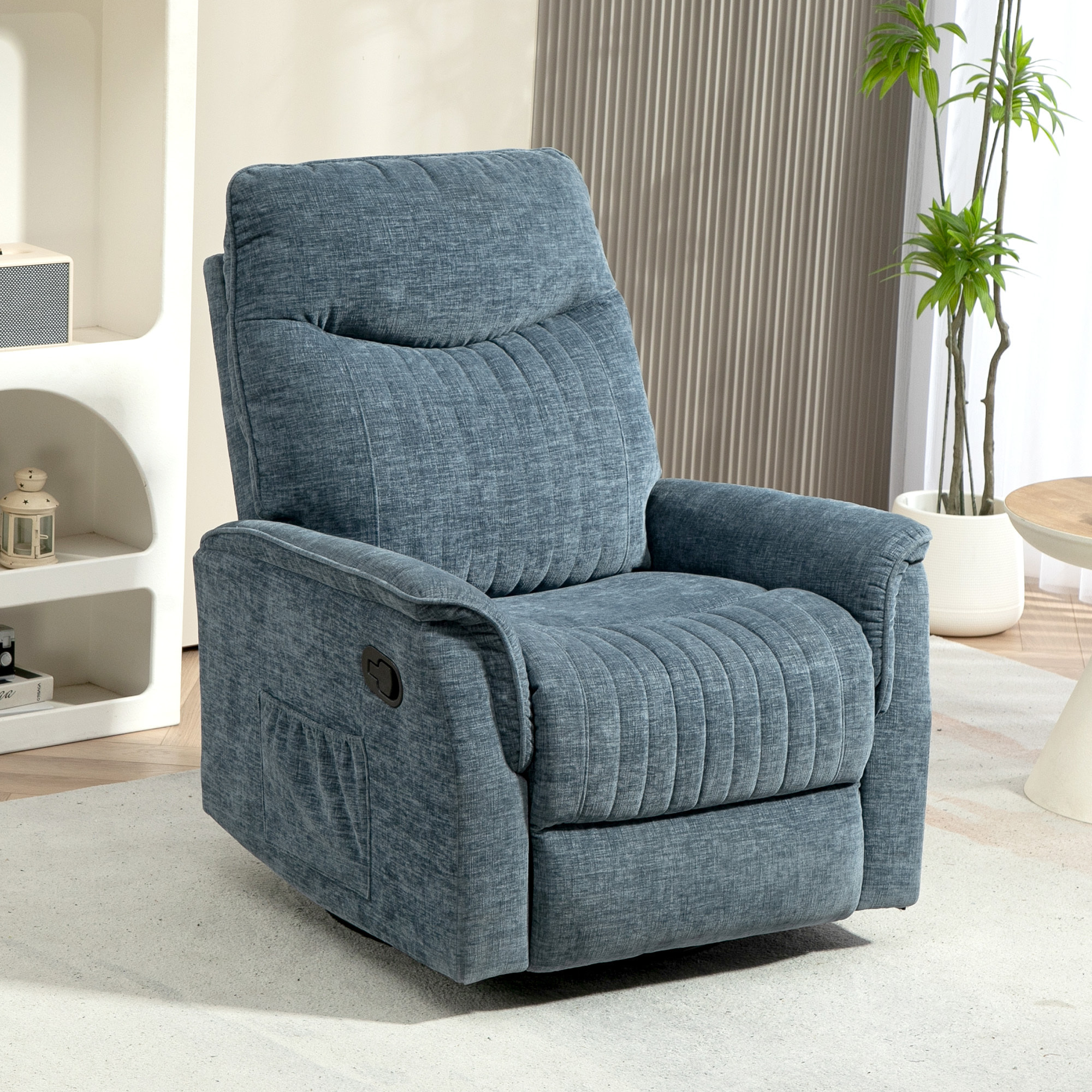 Fauteuil relax inclinable repose-pieds rétractable pivotant pochette rangement intégrée tissu bleu chiné