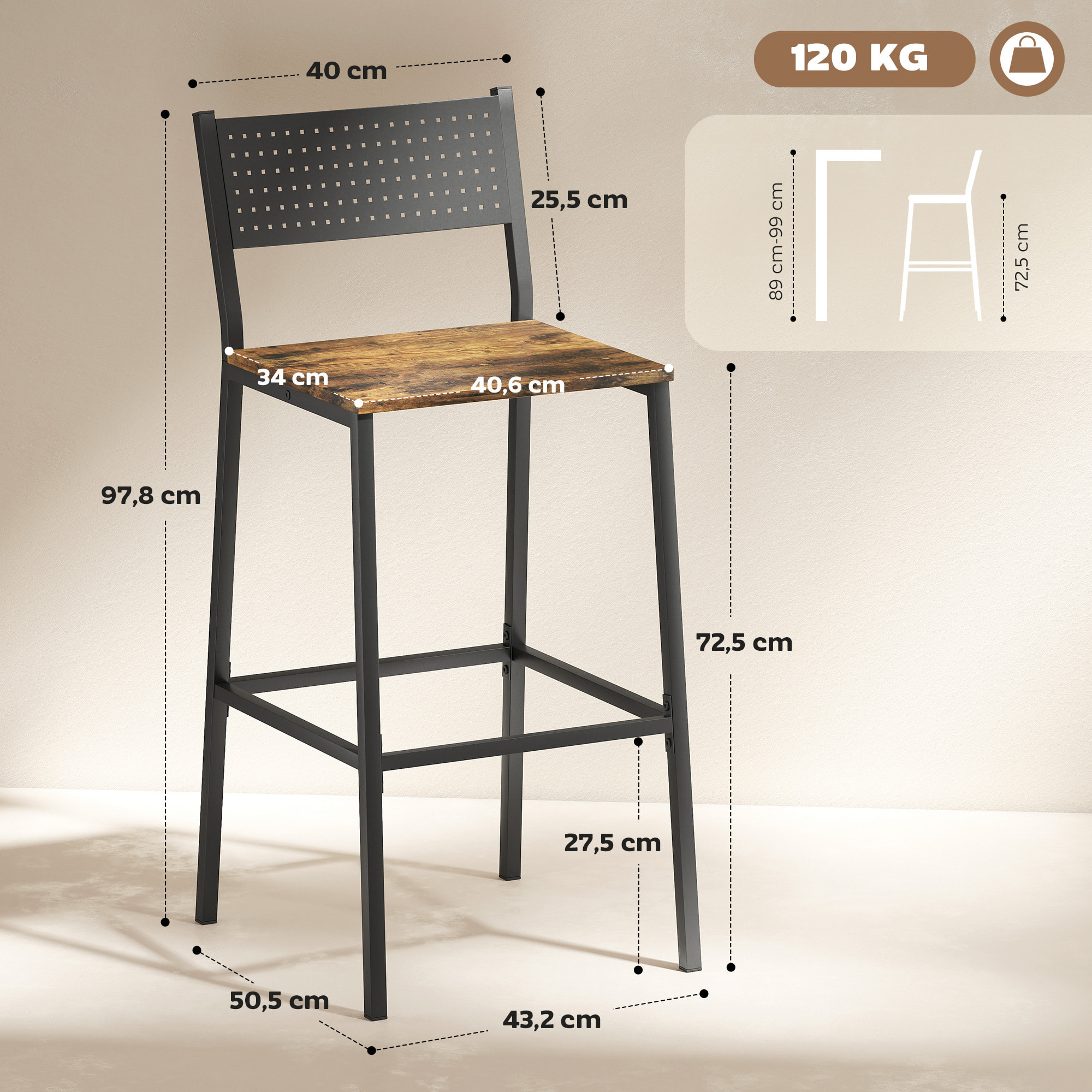 Lot de 2 tabourets de bar style industriel métal noir effet bois vieilli