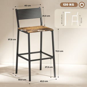 Lot de 2 tabourets de bar style industriel métal noir effet bois vieilli