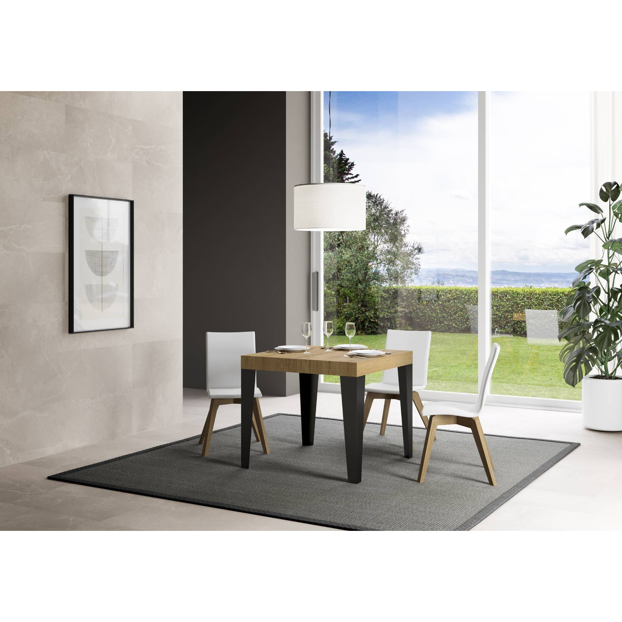 Table extensible 90x90/246 cm Flame Premium Chêne Nature cadre Anthracite