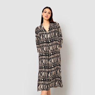 Vestido midi bambula detalles plisados tepec beige/negro