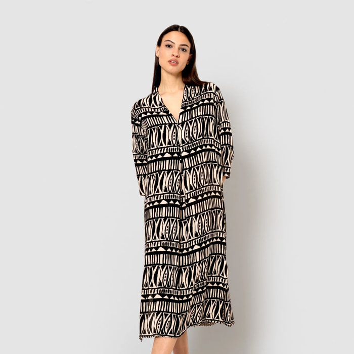 Vestido midi bambula detalles plisados tepec beige/negro