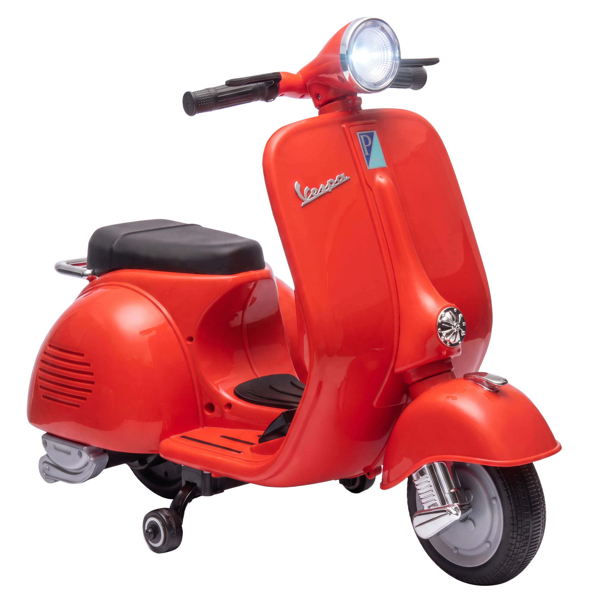 Moto Eléctrica para Niños Licencia VESPA 6V, Moto Eléctrica Infantil con Arranque Suave, Ruedines Desmontables, Luz Delantera, Música, Bocina, USB, Avance, Atrás, para Niños de +3 Años, Rojo