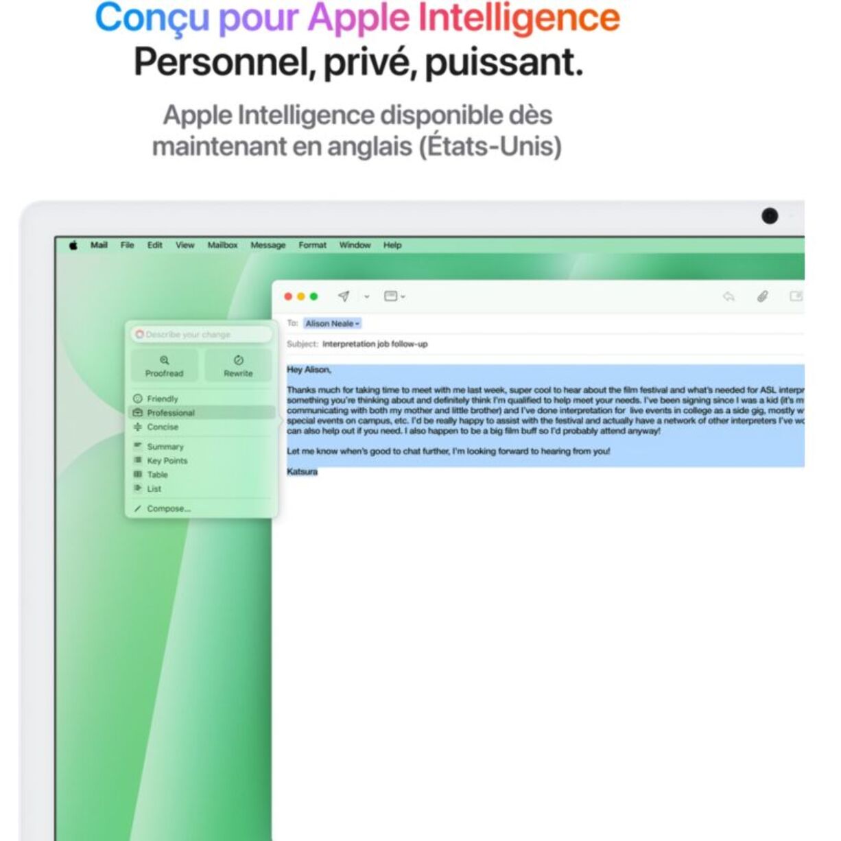 Ordinateur Apple IMAC 24" Ecran Retina 4,5K Puce M4 CPU 10 / GPU 10 coeurs Mémoire RAM 16Go Stockage 512Go SSD Vert