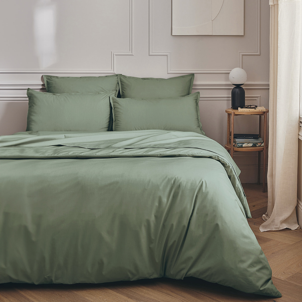 Parure de lit Housse de couette + Taies rectangles en percale de coton, PREMIÈRE, Vert forêt