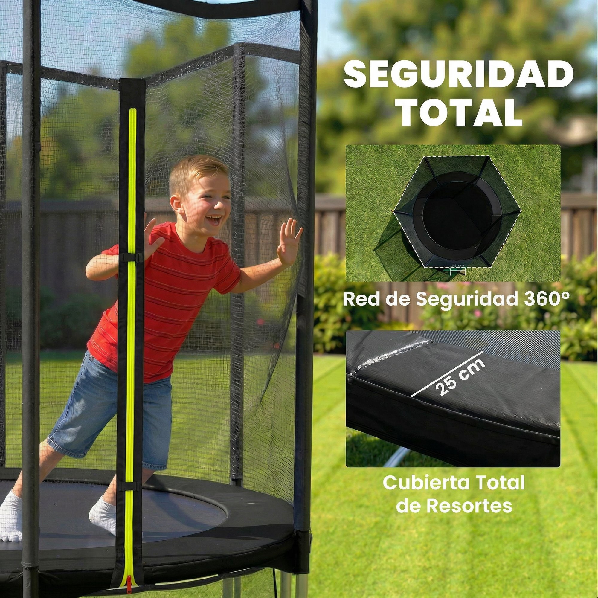 Cama Elástica Niños Exterior Ø183 cm, Trampolín para Niños de +6 Años con Red de Seguridad, Escalera de 2 Peldaños, Cubierta de Muelles, Bolsa de Almacenamiento, Carga 80 kg, Negro