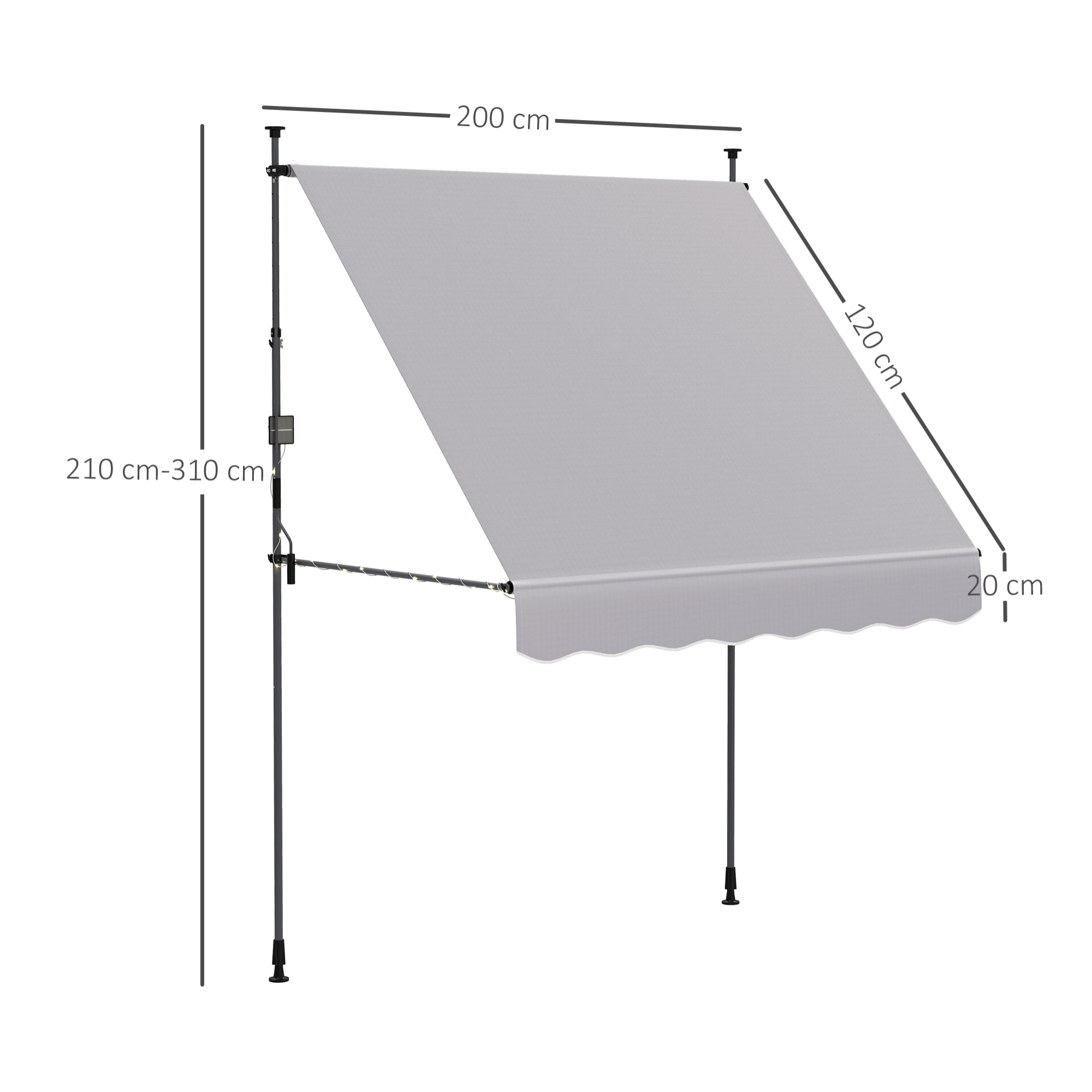 Toldo Manual Retráctil 2x1,2 m Toldo Exterior Terraza Enrollable Altura Ajustable con Manivela 210-310 cm Protección UV30+ Sin Taladro para Jardín Balcón Patio Gris