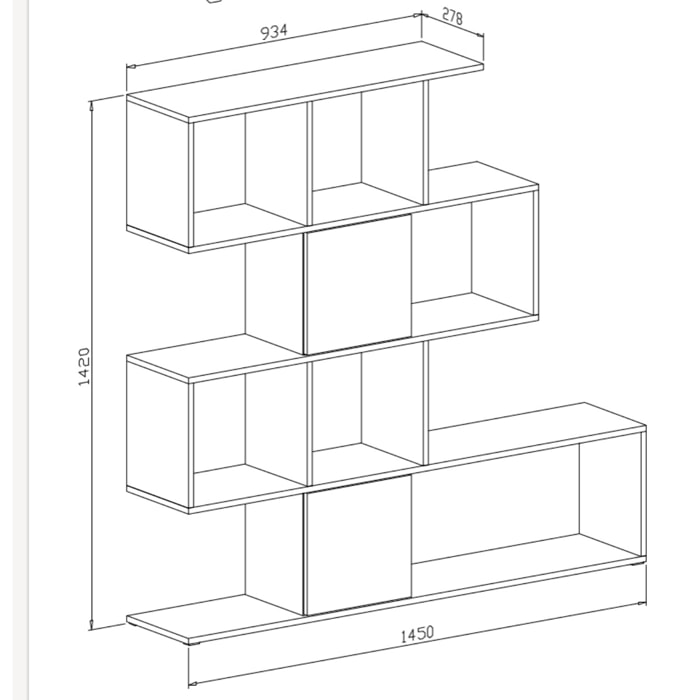 Libreria Moderna Asimmetrica Porta Libri Mensole Ripiani Design Bifacciale Con Vani Aperti e Chiusi Soggiorno Salotto 145 x 27,8 x 142 Cm Bianco