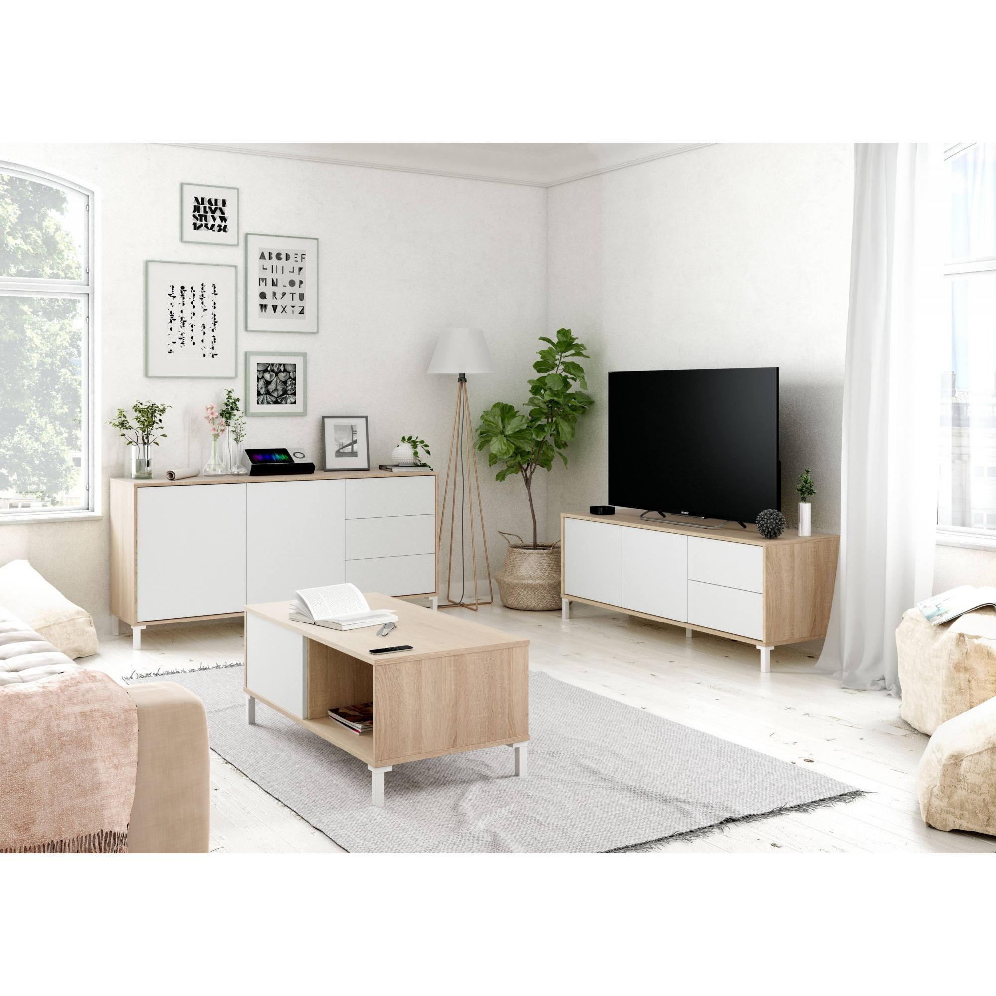 Credenza Concord, Madia moderna a 2 ante e 3 cassetti, Buffet da soggiorno, Mobile porta TV, Madia per salotto, cm 154x41h74, Rovere e Bianco