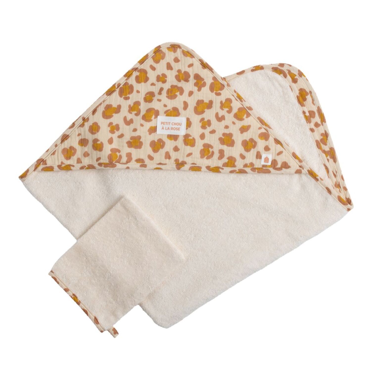 Cape de bain bébé en gaze de coton et gant léopard