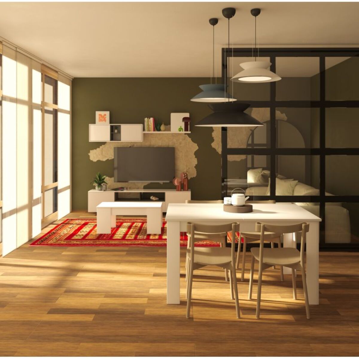 Pack salón con mesa de centro y mesa de comedor Kenzo Max V2B Blanco Brillo - Gris Antracita