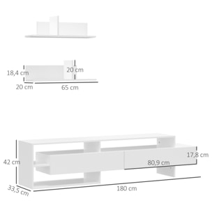 Mueble de Salón para TV Conjunto Mueble de TV con Mesa para Televisor 180x33,5x42 cm y 2 Estantes de Pared 65x20x20 cm Estilo Moderno Blanco