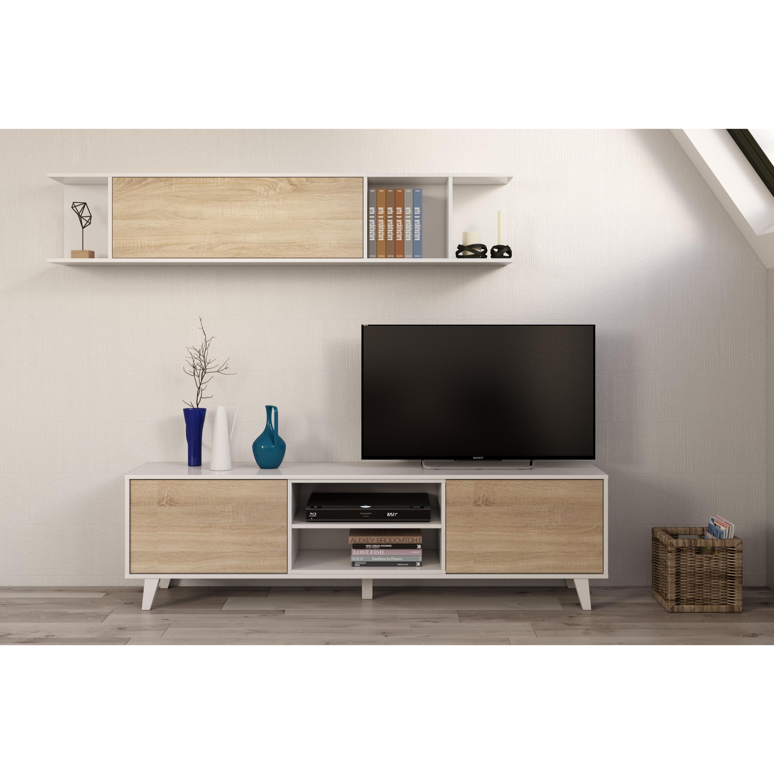 Mueble tv kira 2p3h + estante blanco/roble