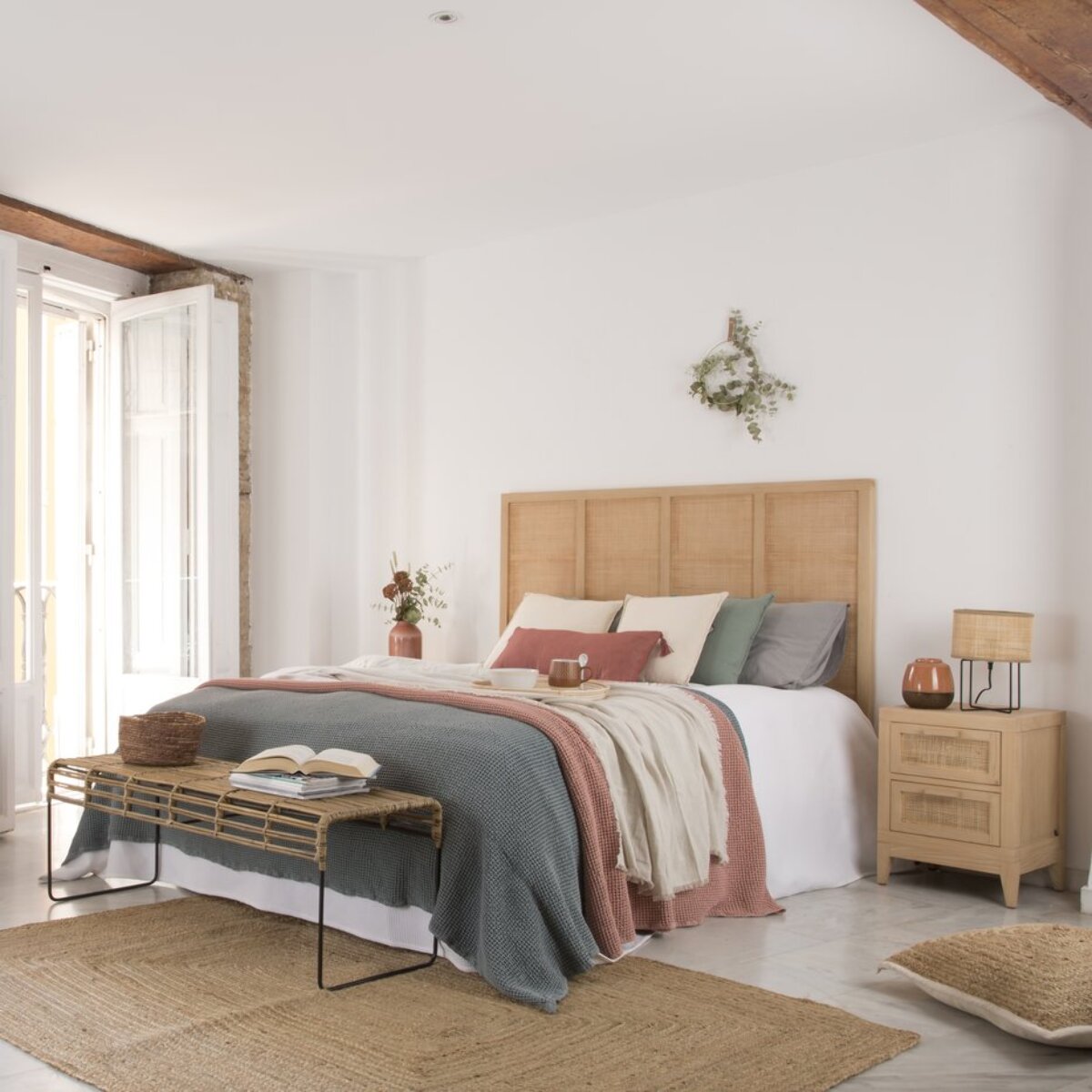 Table de chevet Pandora -bois massif d'acacia, panneau mdf et placage naturel-couleur naturel 42 x 55 x 35 cm