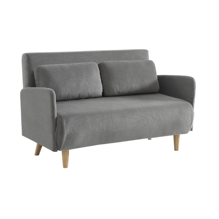 Canapé convertible 2 places scandinave velours côtelé gris clair - Panam - pieds bois. banquette. dossier inclinable