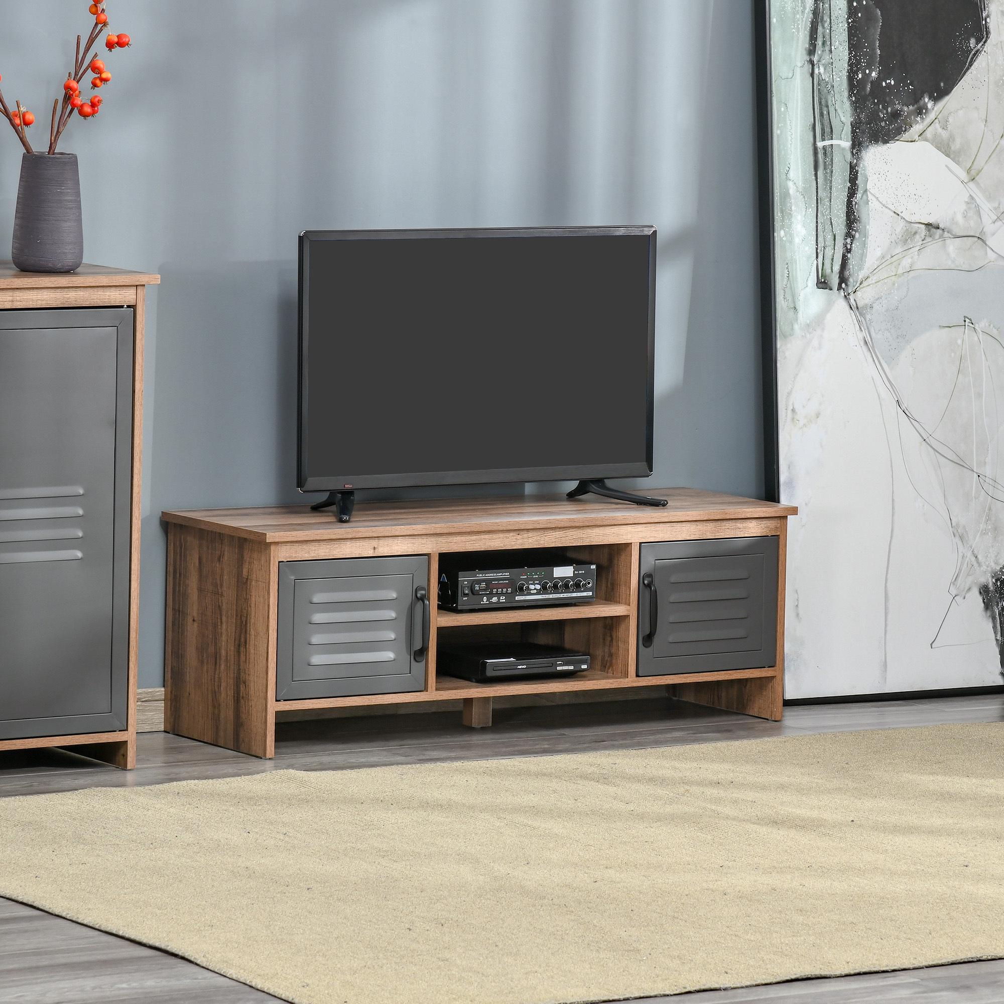 Mueble de TV para Televisores de 42'' con 2 Compartimentos Cerrados con Puertas de Metal y 2 Estantes Abiertos Mueble de salón moderno Mesa para televisor 109x35x38 cm Madera Natural y Gris