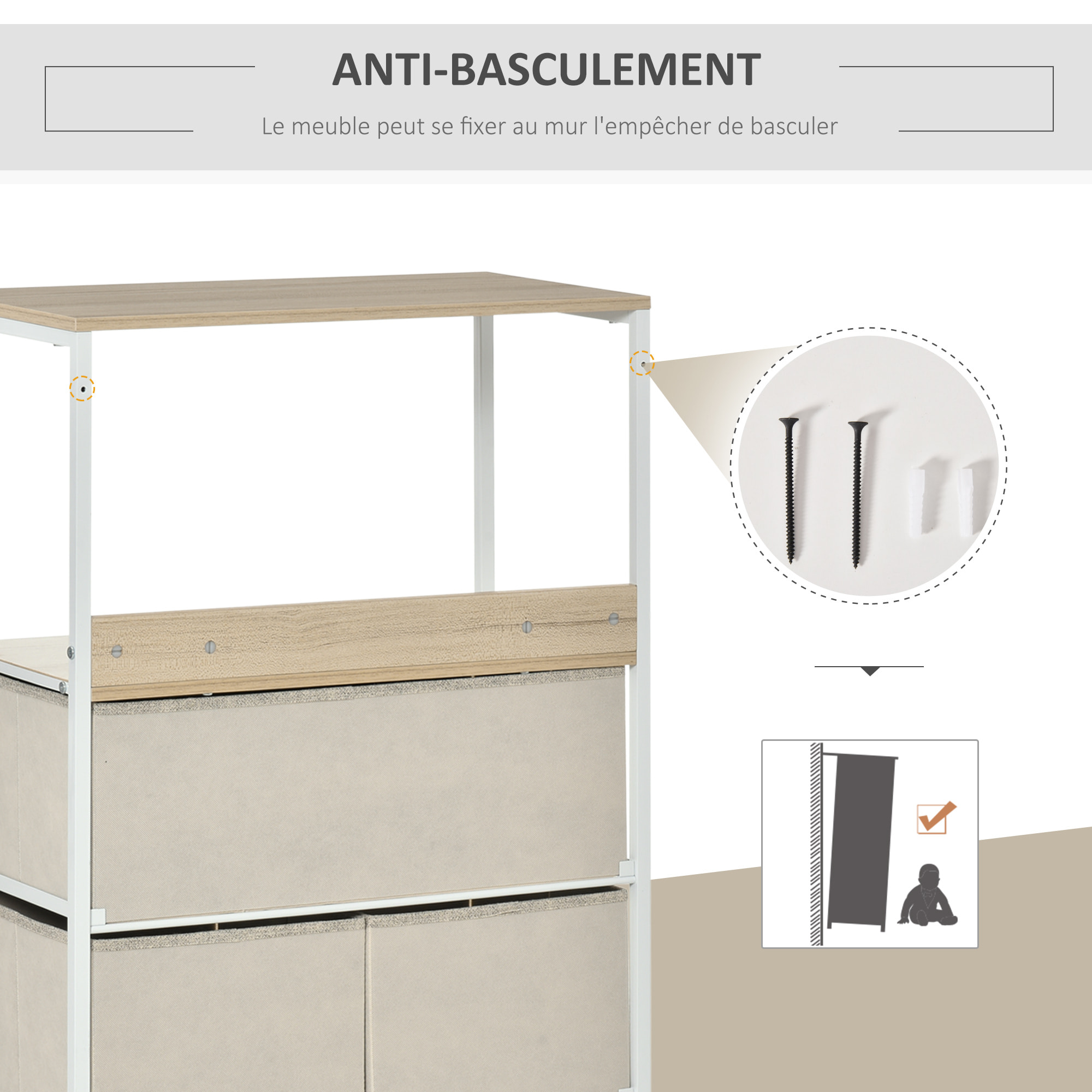 Commode meuble de rangement chiffonnier 4 tiroirs amovibles 1 étagère 58 x 29 x 103 cm gris blanc