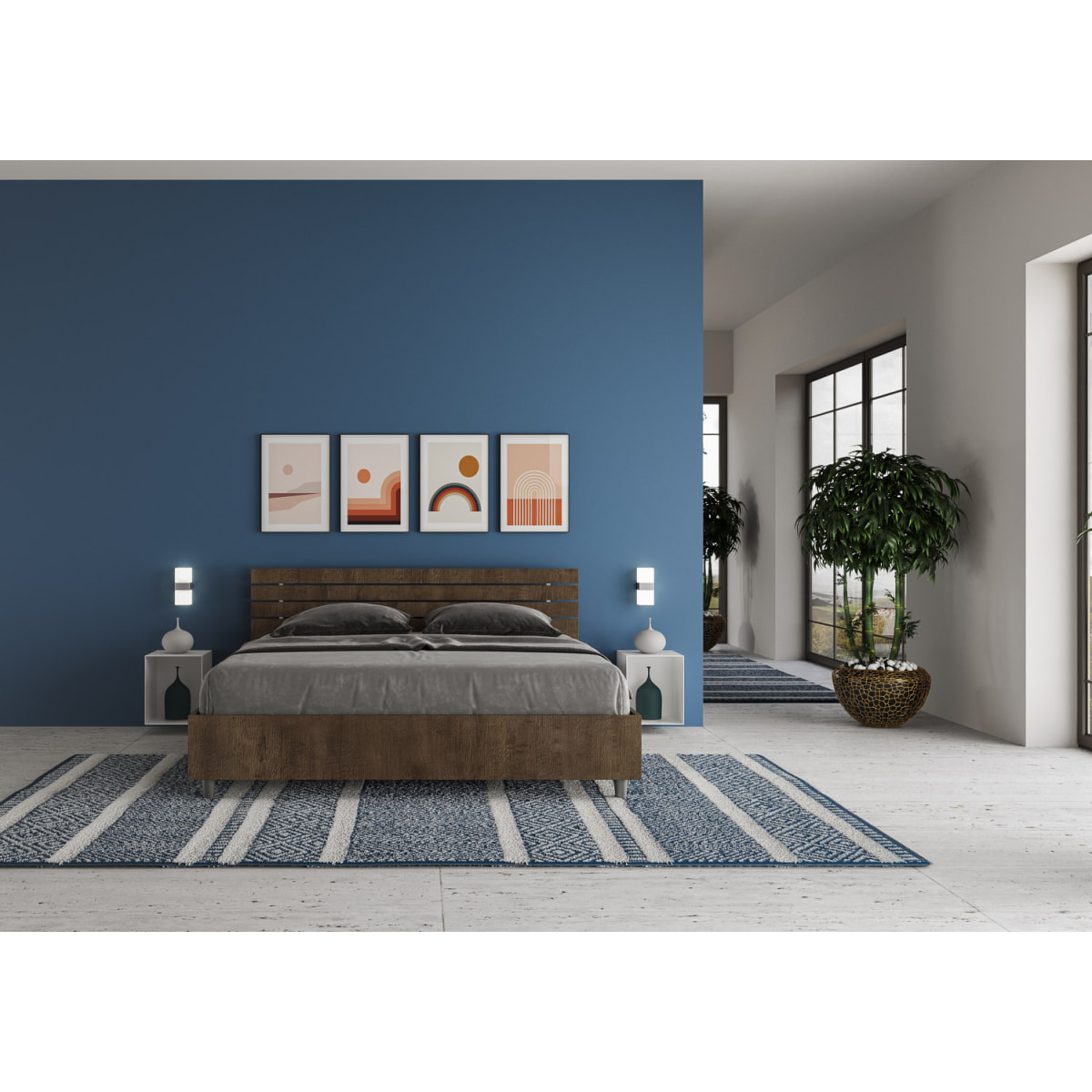 Lit avec sommier 160x200 tête de lit droite avec des lames noyer Ankel