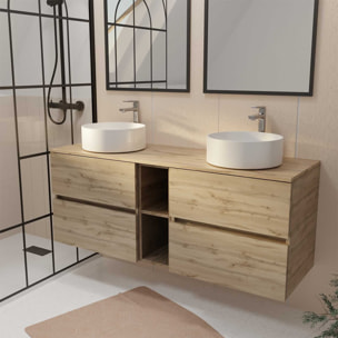 Meuble de Salle de Bains 140 TIMBER Décor Chêne 4 tiroirs et module - Vasques Blanches 36cm