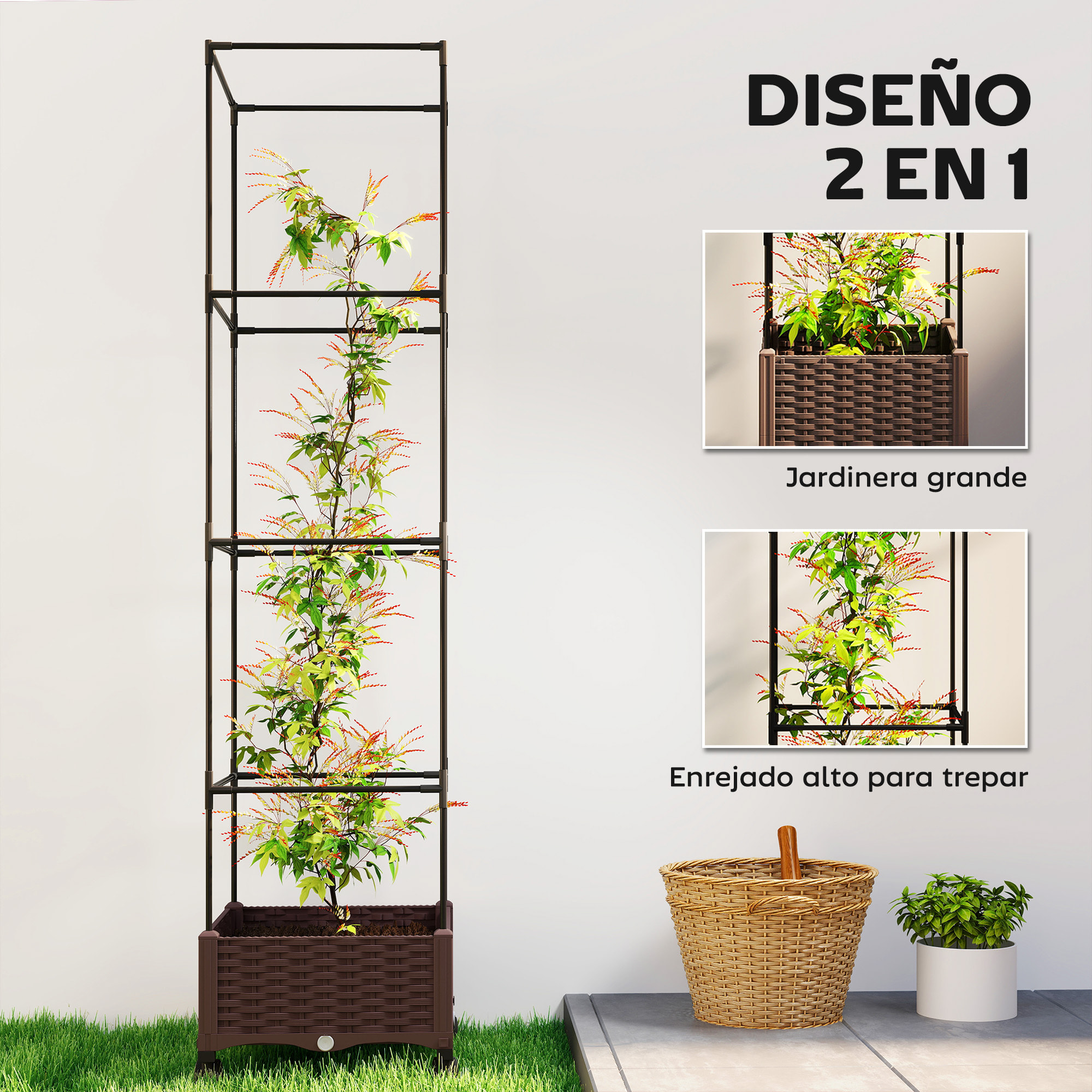 Jardinera con Enrejado Ajustable, Jardinera Exterior con Ruedas Bloqueables para Plantas Trepadoras con Ofricios de Drenaje, Macetero Elevado para Jardín, Patio, Terraza, 40x40x165 cm, Marrón