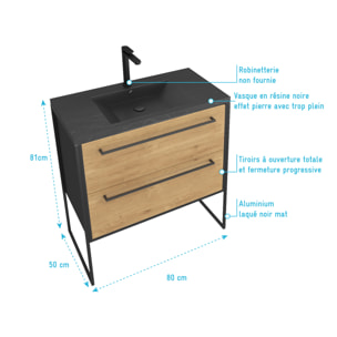 Meuble de salle de bain 80x50 cm NOIR MAT - 2 tiroirs chêne brun - vasque résine noir effet pierre