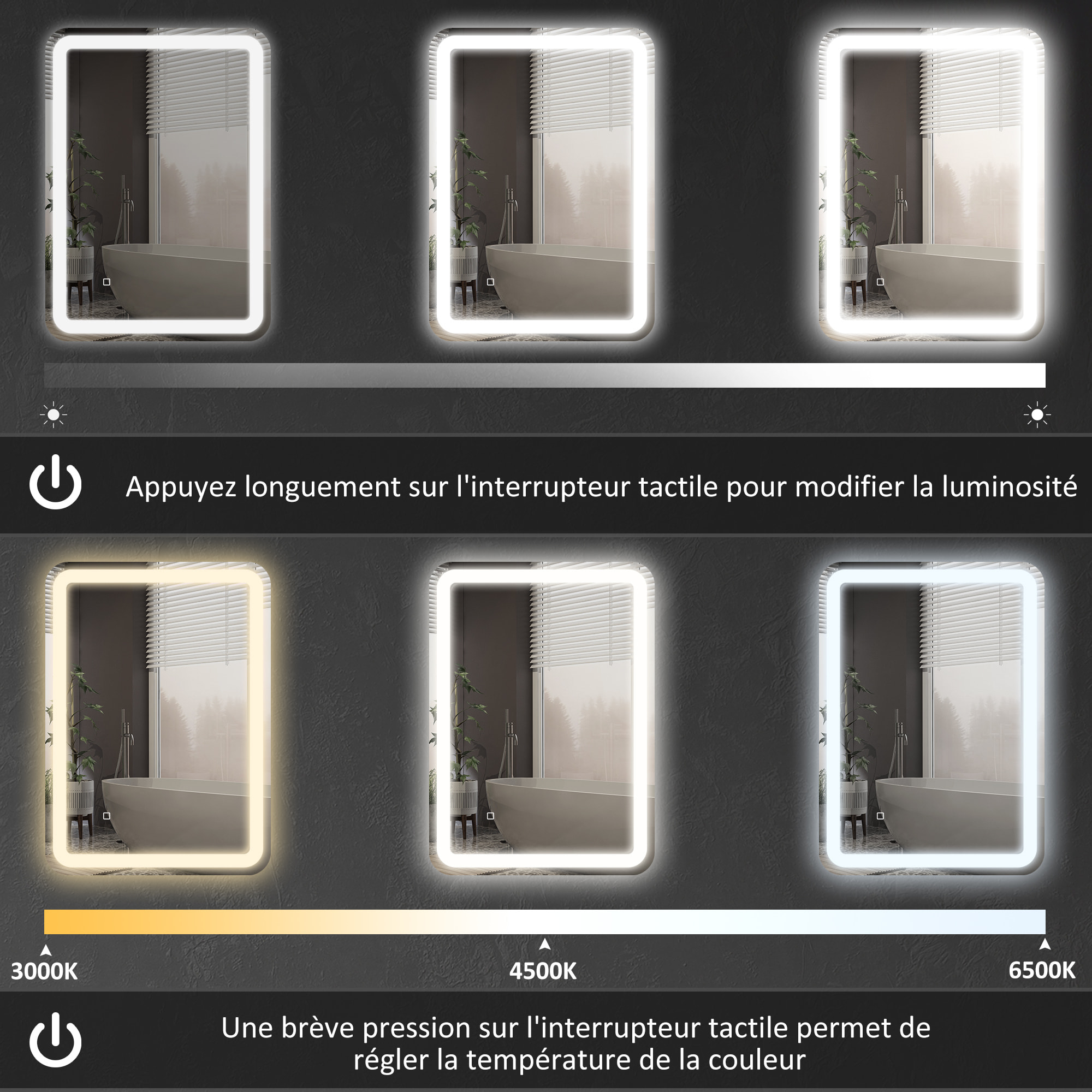 Miroir LED salle de bain réglable 34W antibué tactile dim. 60L x 80H cm