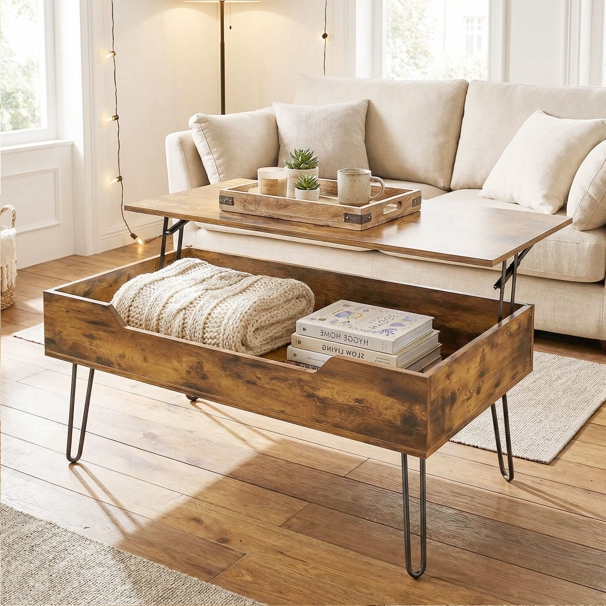 Table basse relevable design industriel métal noir effet bois vieilli