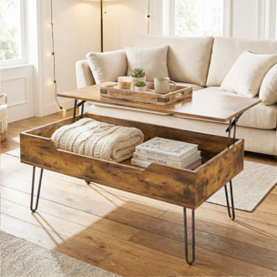 Table basse relevable design industriel métal noir effet bois vieilli