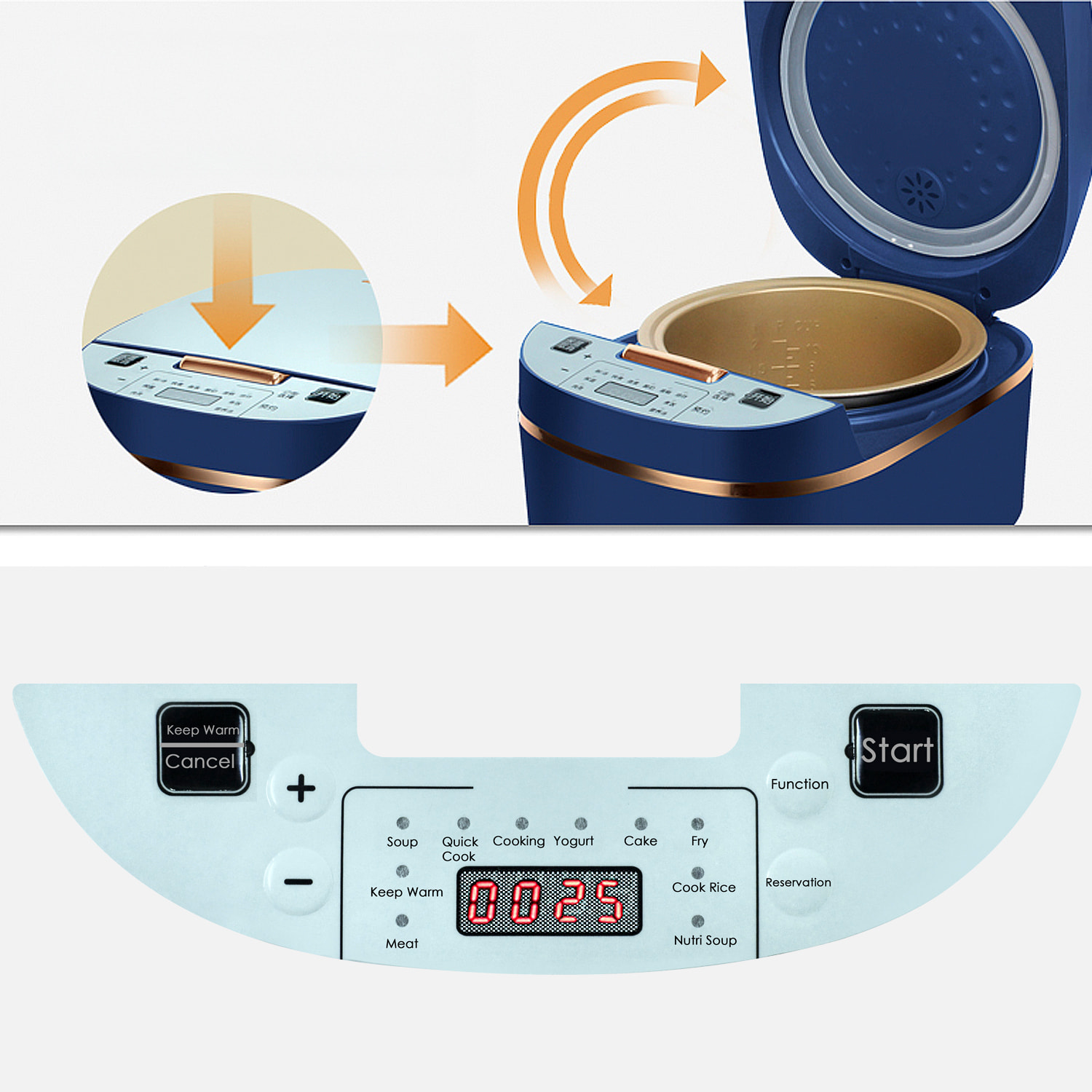 Arrocera eléctrica de calor tridimensional y 900W. Funciones y programas de cocina pregrabados. Cuenco antiadherente de 5 capas y con 5L de capacidad.
