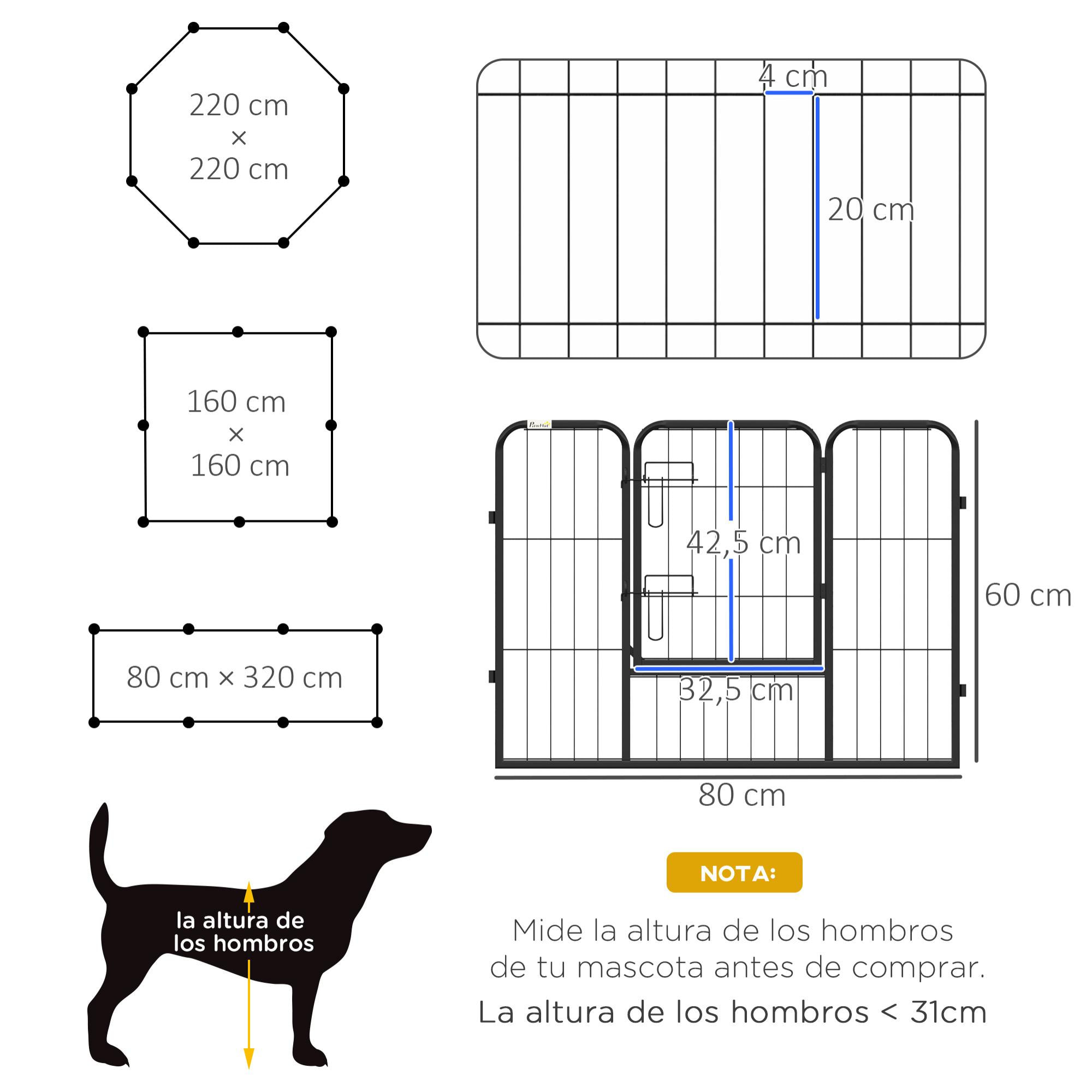 Parque para Perros de 8 Paneles 80x60 cm Cercado para Perros con Forma Personalizable Puerta Marco de Acero y 8 Anclajes de Tierra para Jardín Patio Negro