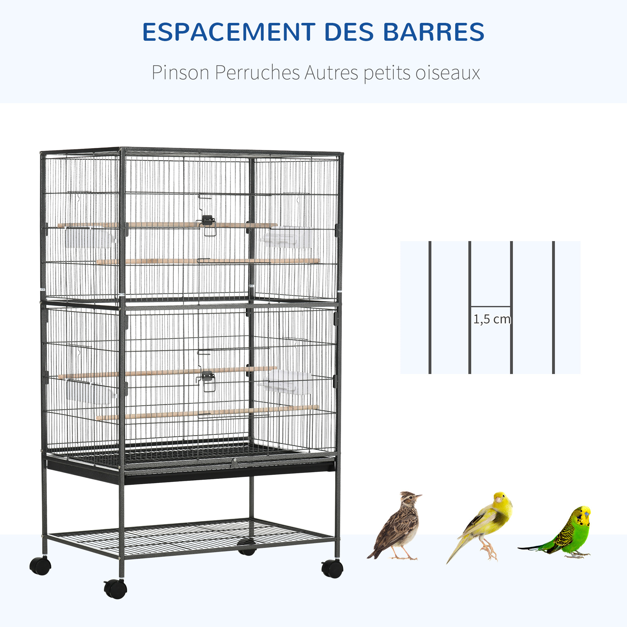 Cage oiseau mobile dim. 78x52x132cm - 4 perchoirs, mangeoires, plateau déjection, étagère - acier époxy gris moucheté