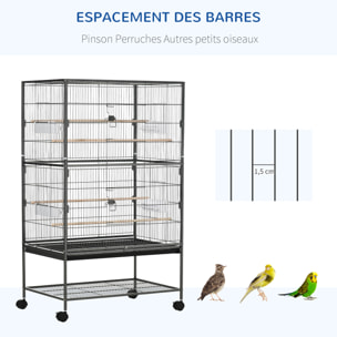Cage oiseau mobile dim. 78x52x132cm - 4 perchoirs, mangeoires, plateau déjection, étagère - acier époxy gris moucheté
