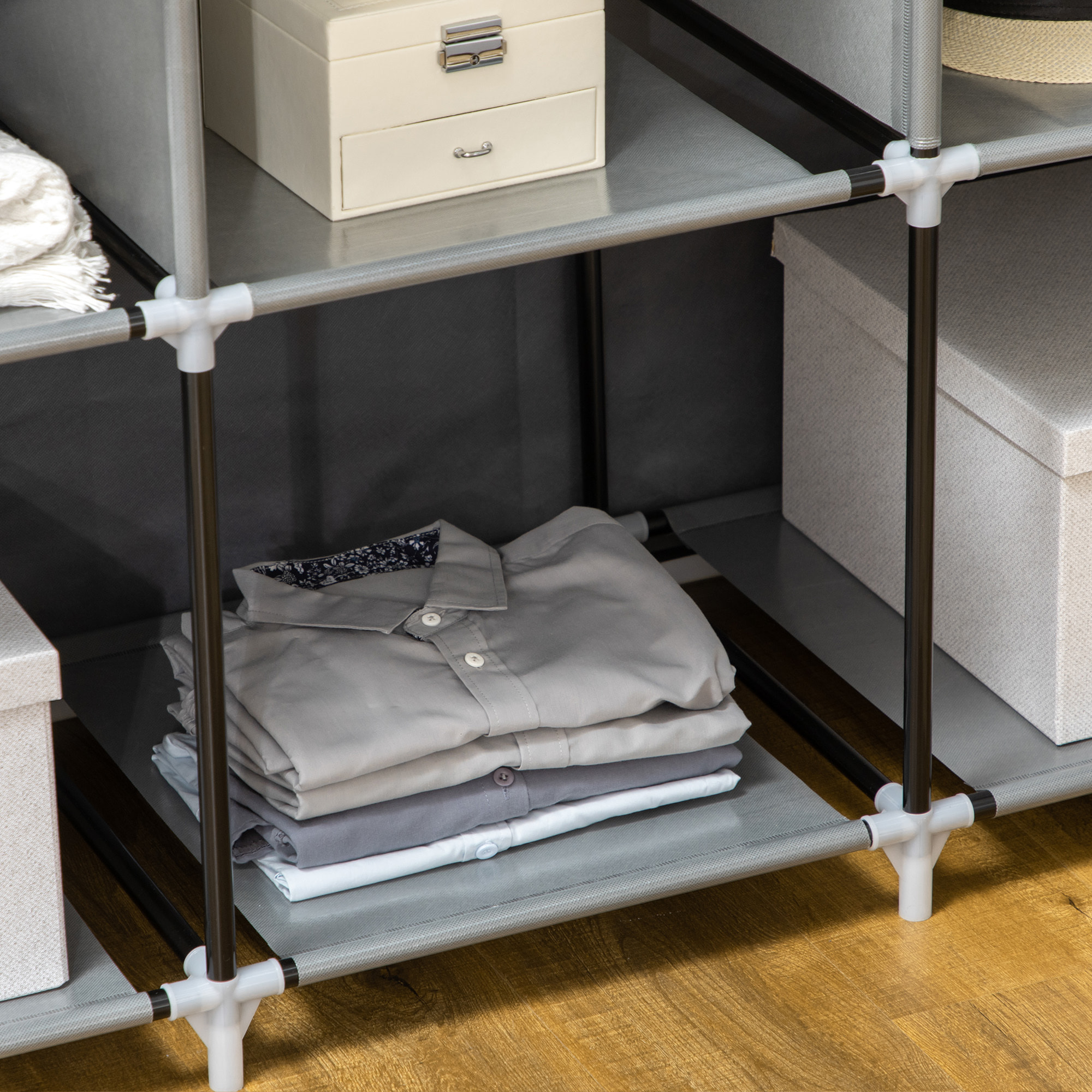 Armario de Tela Plegable, Armario Portátil con 2 Barras para Colgar, 8 Estantes, Marco de Acero, para Dormitorio, Vestidor, 125x43x162,5 cm, Gris Oscuro