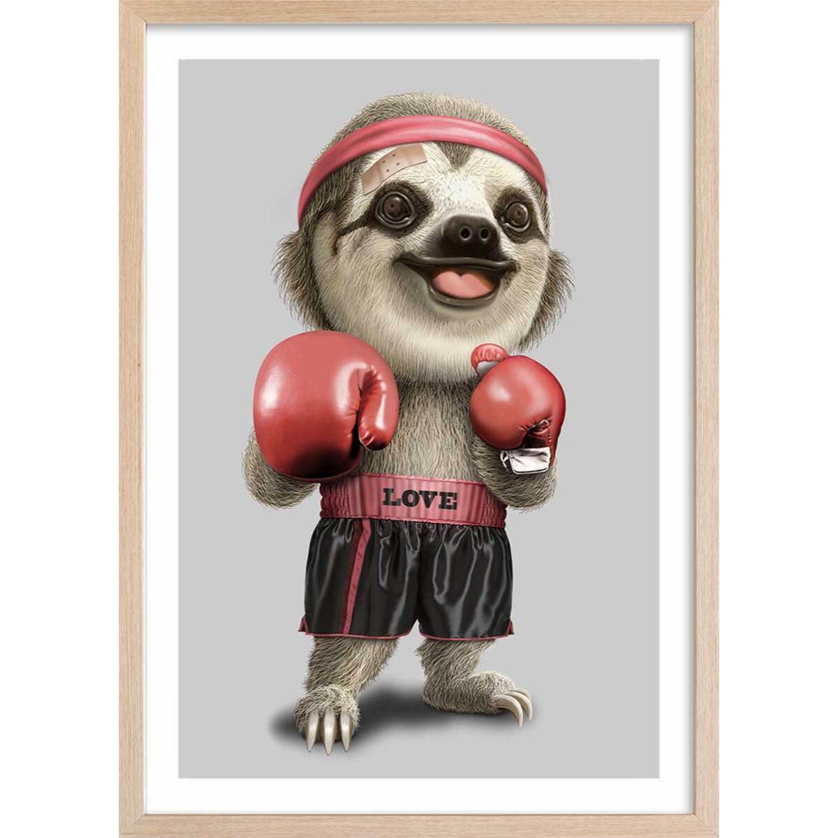 Affiche enfant le paresseux boxeur  Affiche + cadre en bois - Chêne