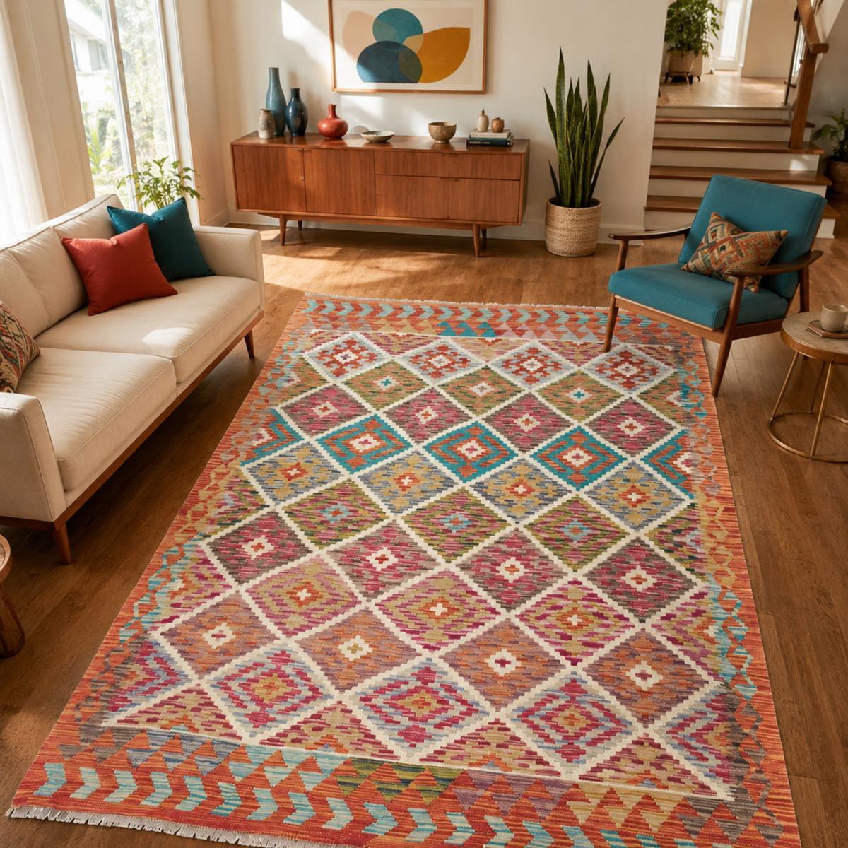 Tapis kilim au motif ethnique, tissé plat en laine, TUFIM