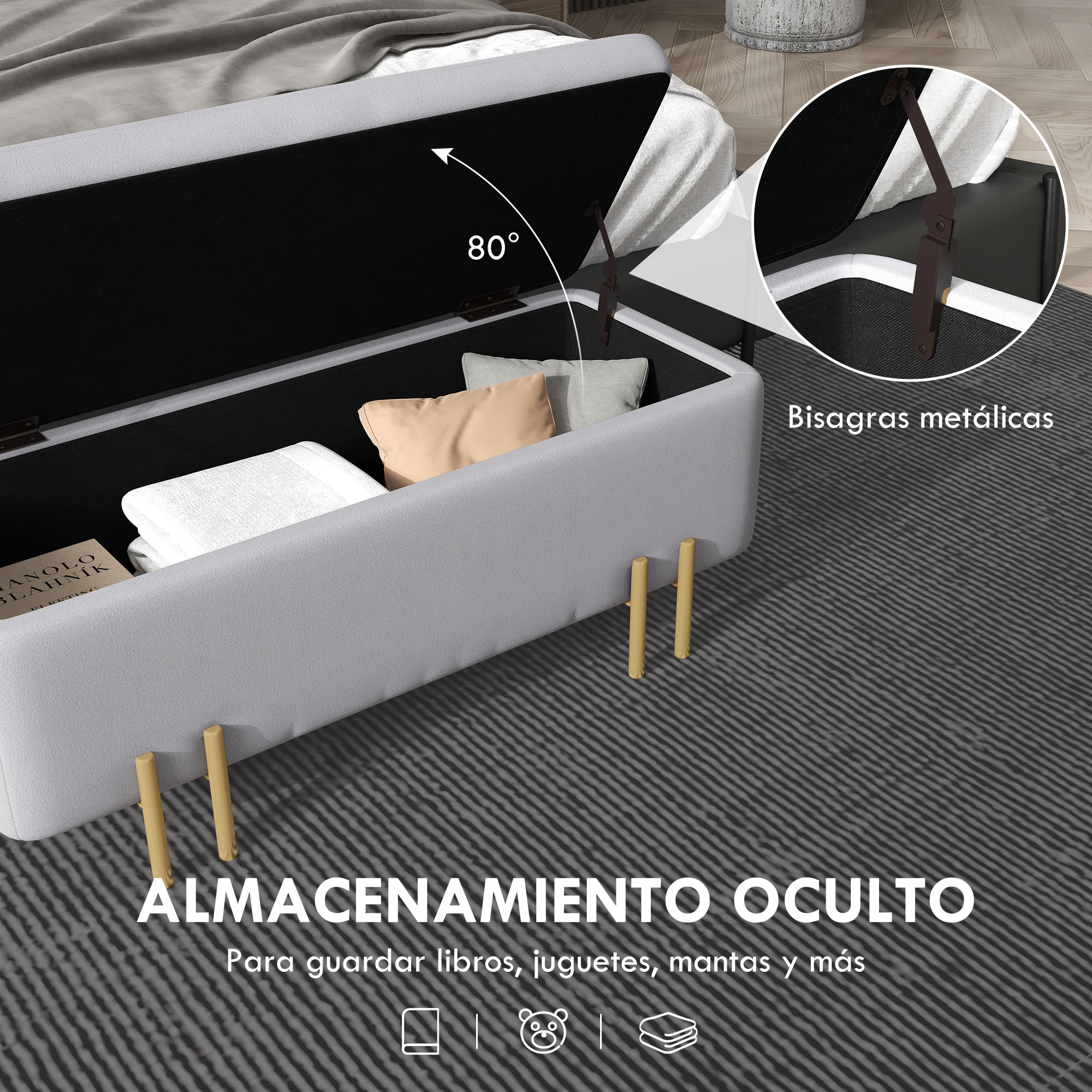 Baúl de Almacenaje para Dormitorio 70L Puff Almacenaje Tapizado en Terciopelo Banco de Almacenaje con Patas de Metal para Entrada Salón 100x40x42 cm Gris Claro