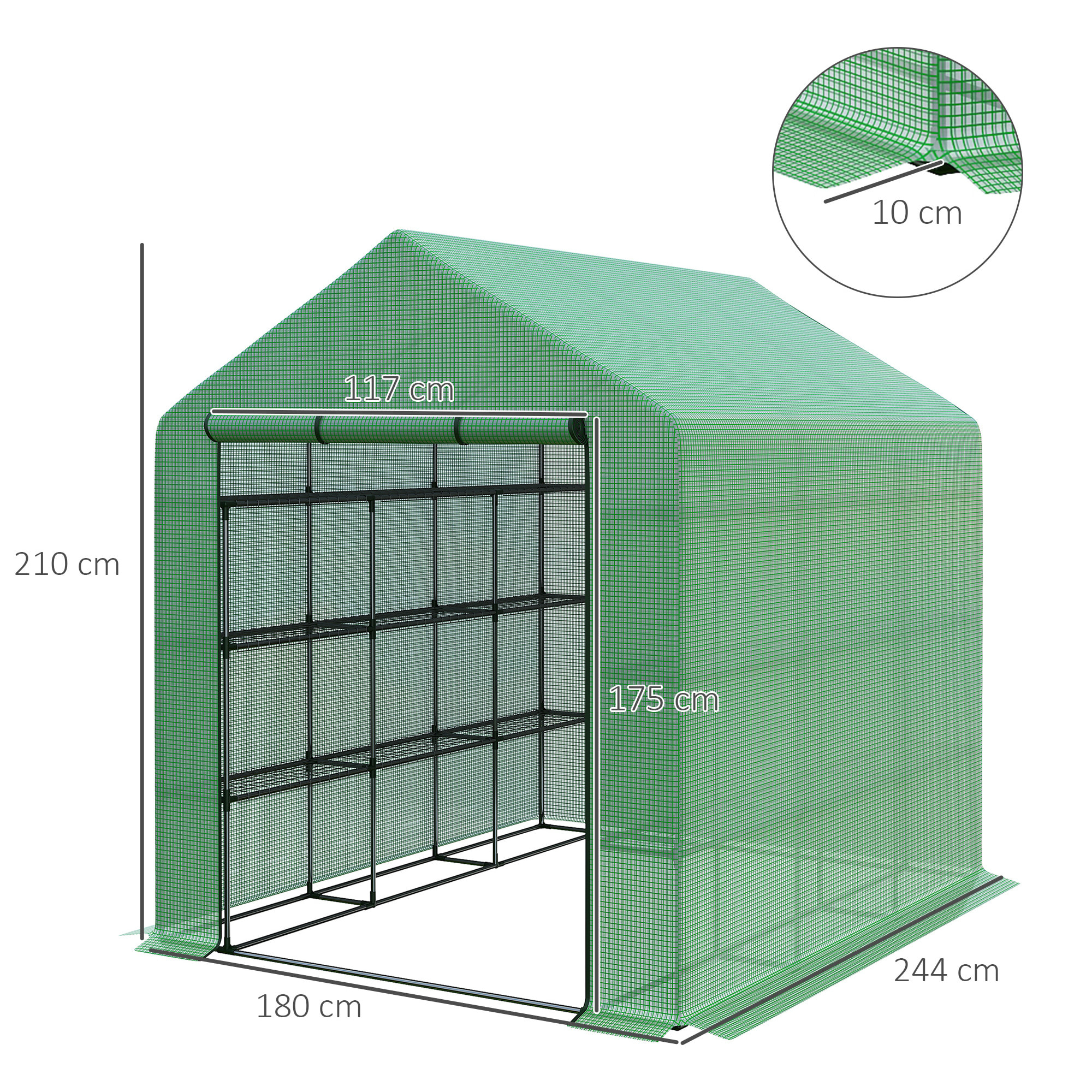 Invernadero Pequeño Invernadero de Exterior con Estantes de 4 Niveles Puerta con Cremallera y Marco de Acero Invernadero para Cultivar Plantas Flores 244x180x210 cm Verde