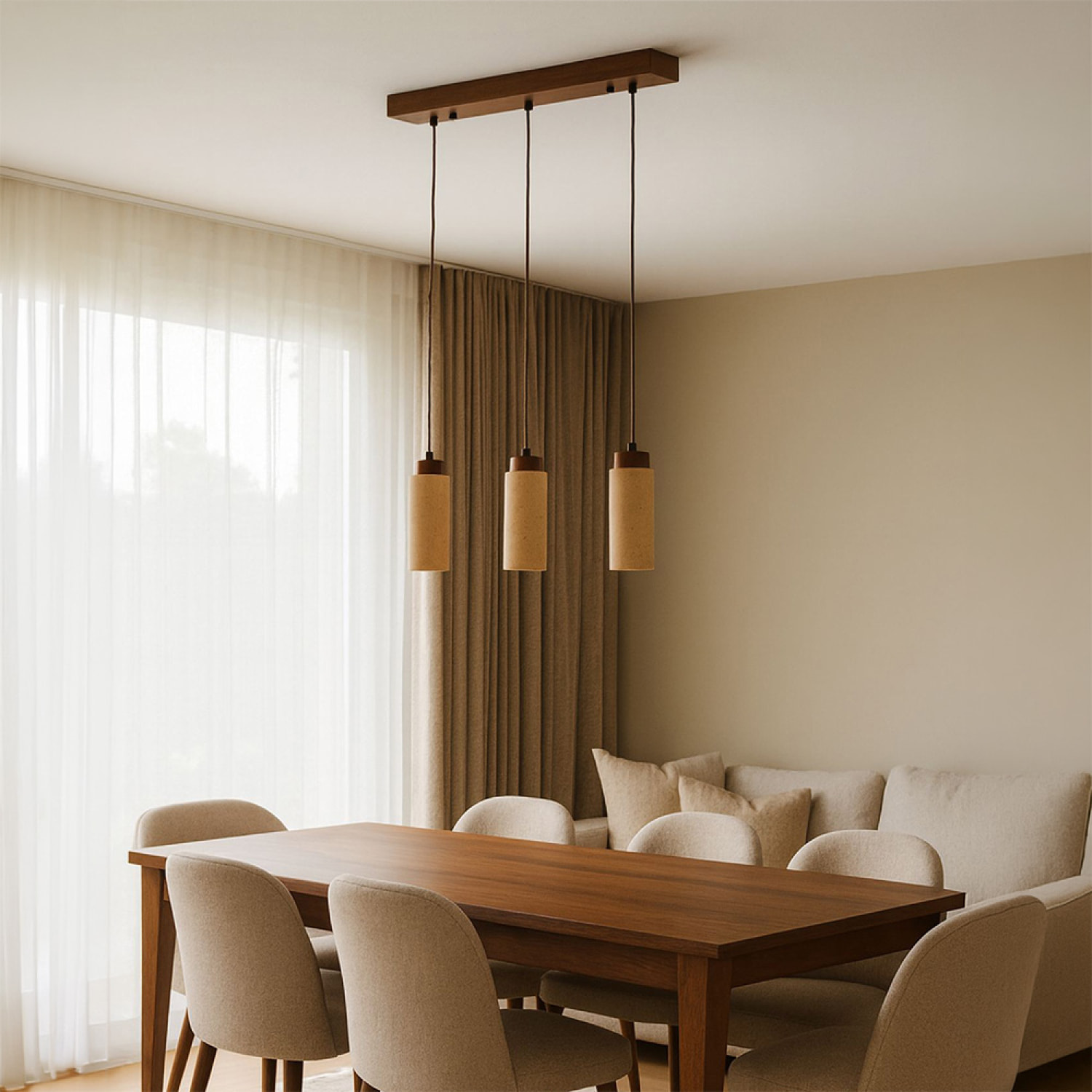 Suspension design 3 spots en travertin et effet bois TIVOLI
