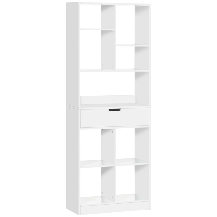 HOMCOM Estantería de Madera Estantería Librería con 1 Cajón y 9 Compartimientos de Almacenamiento Mueble Librería para Salón Oficina Estudio 60x26x158 cm Blanco