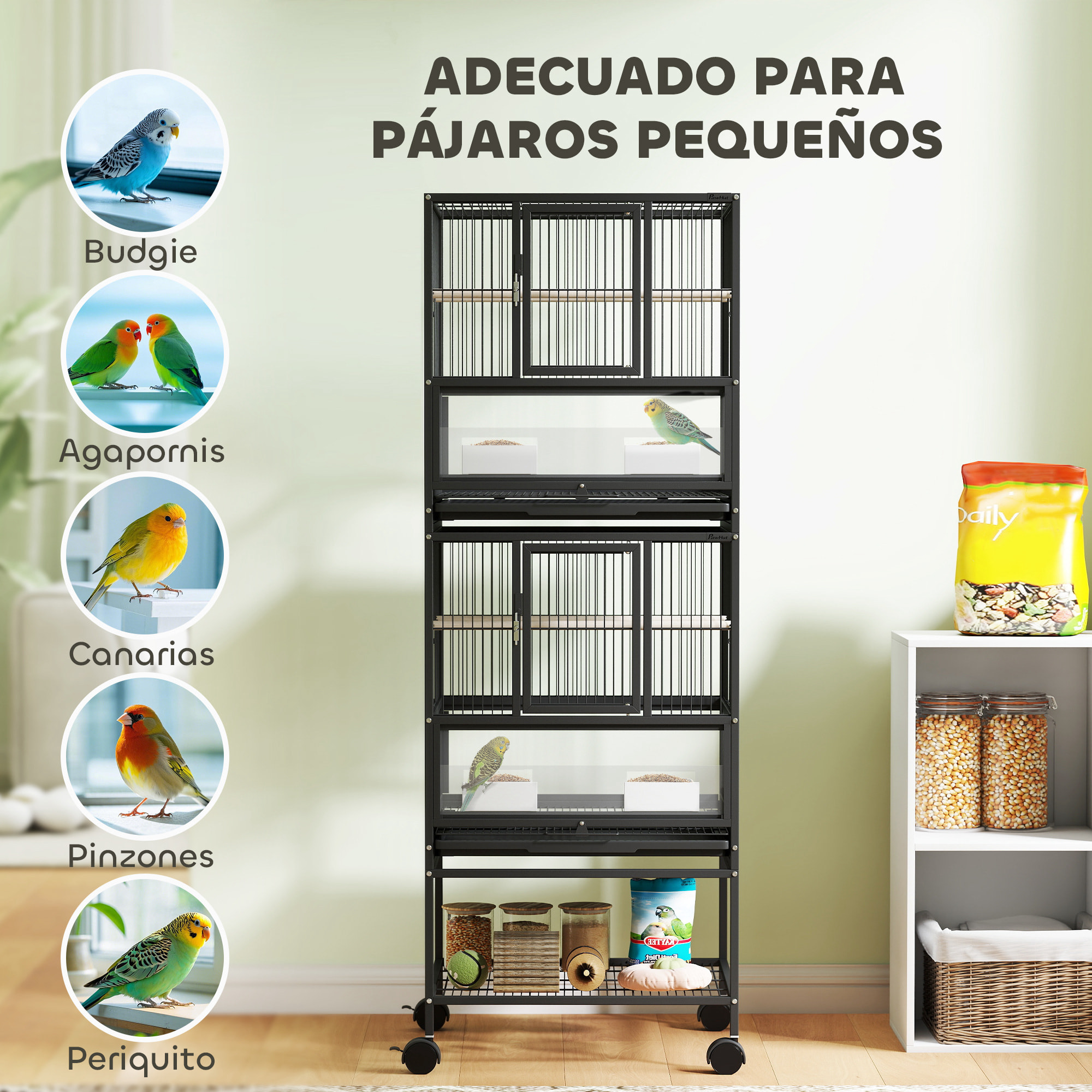 Jaula para Pájaros Jaula Grande de 2 Niveles con Ruedas Paneles Acrílicos Comederos Perchas Estante Bandejas Extraíbles Pajarera para Loros Canarios 48x46x134,5 cm Negro