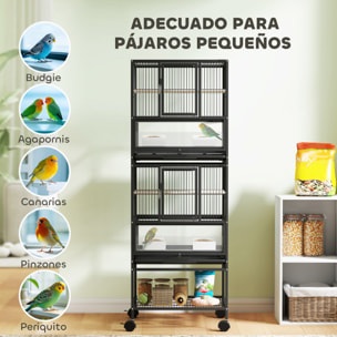 Jaula para Pájaros Jaula Grande de 2 Niveles con Ruedas Paneles Acrílicos Comederos Perchas Estante Bandejas Extraíbles Pajarera para Loros Canarios 48x46x134,5 cm Negro