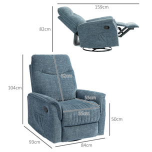 Fauteuil relax inclinable repose-pieds rétractable pivotant pochette rangement intégrée tissu bleu chiné