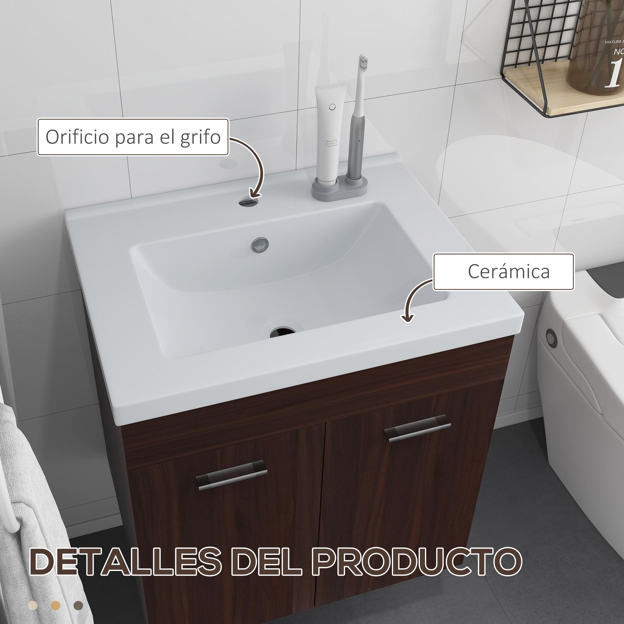 Mueble de Baño con Lavabo Cerámico Armario Bajo de Lavabo de Pared con 2 Puertas y Estante Ajustable Acabado Melamina 60x45,5x60 cm Marrón