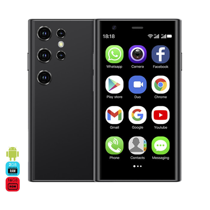 DAM Mini smartphone S23 pro 3G, Android 8.1, 2GB RAM + 16GB. Pantalla 3''.Doble tarjeta SIM. 4,5x1,2x10,2 Cm. Color: Negro