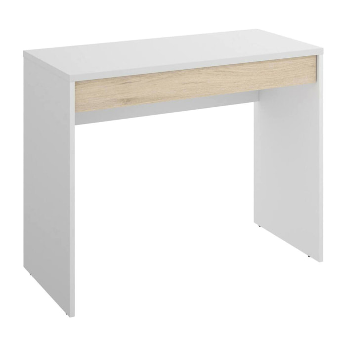 Scrivania Affiniti, Scrittoio ufficio salvaspazio multiuso, Tavolo da studio lineare con 1 cassetto, 90x50h74 cm, Bianco e Rovere