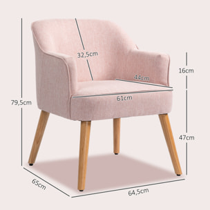 Butaca de Salón Moderno Sillón Individual Tapizada en Lino con Patas de Madera Reposabrazos y Almohadillas Ajustables para Dormitorio Oficina Estudio Carga 120 kg 64,5x65x79,5 cm Rosa